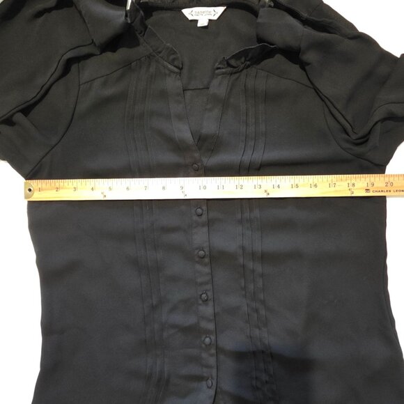 Nanette Lepore Black Button Down Top Small Ruffle Pin Long Pleat Goth Classic - Picture 5 of 6